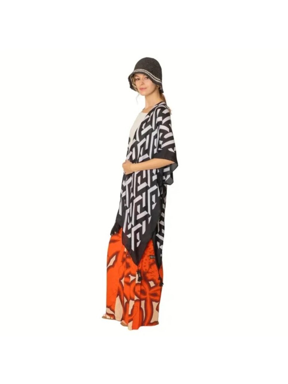 Geometric Print Open Front Kimono Tassel Edges Black White Women Beach Cruise - Picture 2 of 4